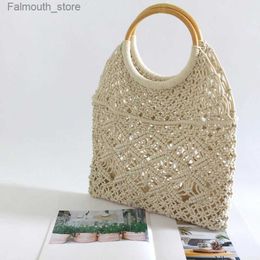 Evening Bags 2022 New Rope het Woven Bags Travel Hollow Beach Bags for Women Wooden Handle Handbags and Purses Knitting Mesh Tote Shopper Q240104