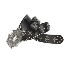 Belts Western Fashion Skull Rivets Studded Men Women Genuine Leather Waist Strap Punk Rocky Paisley Embossing Buckle2499