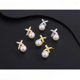 Stud Earrings S999 Sterling Silver Cross-zircon Pearl Sweet Fashion Exquisite Jewellery For Girls Wedding Anniversary Gift