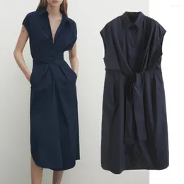 Casual Dresses Withered French Navy Blue Office Ladies Elegant Sleeveless Midi Dress Fashion Retro Collect Waist Commuter Leisure Party W