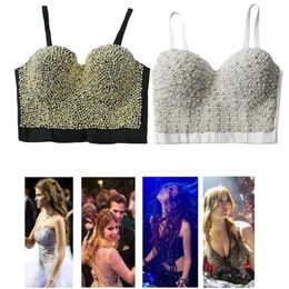 T-Shirt Women Sexy Imitation Pearls Beaded Bustier Bra Coloured Diamond Rhinestone Push Up Corset Camisole Night Club Bralette Rave DXAA