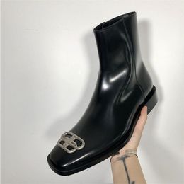 Square Head Man Black Design Boots Real Letter Men Metal Work Boots