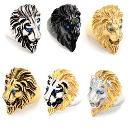 New Men Gothic Blue Gold Black High Quality 14 Gold Punk Lion Rings For Mens Animal Lions Jewellery