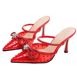 2024 New Ladies Real Leather Sandals 8.5CM High Heel Pointed Toe Pillage Diamond SHOES Party PVC Transparent One Line Wedding American Europe Bowtie Slipper