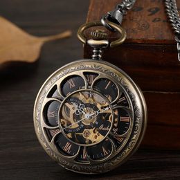 Bronze Mechanical Hand Wind Pocket Watches Roman Numeral Dial Skeleton Flip Watch Men Clock With Fob Chain Gift Box 240122