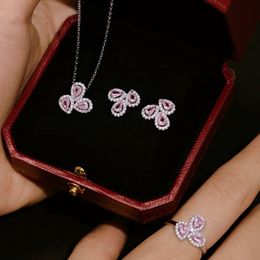 luxury indian diamond wed designer Jewellery set for woman drop necklace earring ring 925 sterling silver pink zirconia engagement rings earrings gift box 3pcs/set