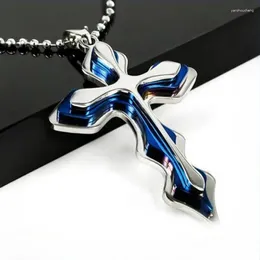 Pendant Necklaces CHUANGCHENG Punk Blue Wavy Cross Creative Style Stainless Steel Men's Necklace Chains