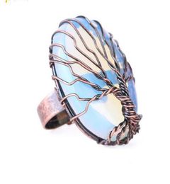 Antique Rings for Women Vintage Finger Jewelry Egg Shape Natural Stone Bead Wrapped Tree of Life Adjustable Ring6211972
