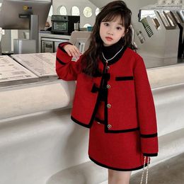 Clothing Sets Girls' Small Fragrance Suit Children's Spring Autumn Red Bow Coat Skirt 2-piece Baby Fashion Outerwear Kids Clothes