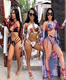 2018 Summer Seaside High Waist Bikini Set Long Beach Cover Up Shorts Leaf Print Sexy Swimming Suits for Women Brazilian Swimwear 82855031