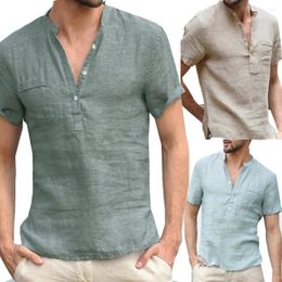 Men's T Shirts Men Summer Short Sleeve T-shirt Cotton Linen Casual Button Tops Simple Solid Colour Loose Breathable