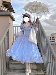 Casual Dresses Blue Lolita Dress Women 2024 Spring Long Sleeve Square Collar Fairy Female Bandage Birthday Puff Ruffle