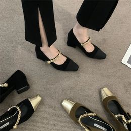 Mary Jane Single Shoe French Style Women Spring Black High Heels Sandals Thick Square Toe Colour Matching Slippers 240103