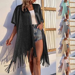 Sweaters Knitted Hollow Casual Cardigan Sun Protection Beach Fringed Cape Smock Coat Rainbow Women Summer Solid Kimono Tassel Shirt Top