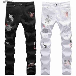 purple jeans mens pant High street fashion brand hole English embroidery printing black and white slim fit small straight tube Personalised graffiti men