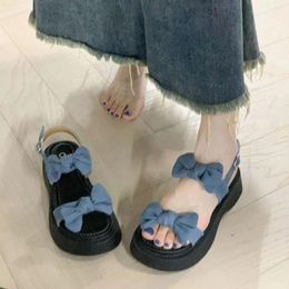 Sandals Women's Shoes Bow Summer 2024 With Medium Heels For Woman Wedge Platform Waterproof Footwear Open Toe Blue Sandal Daily