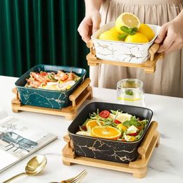 Dinnerware Sets Nordic Creative Fruit Salad Bowl Wooden Frame Square Marble Ceramic Simple Dessert Plate Dining Table Set