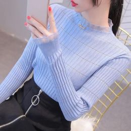 Women's Sweaters Autumn And Winter Lotus Leaf Collar Long Sleeved Knitwear Slim Fit Fashionable Underlay Mesh Wood Ear Edge Top