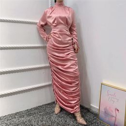 Ethnic Clothing Malaysia Elegant Satin Body-con Pleated Long Middle East Dubai Turkish Maxi Slim Muslim Dress For Women