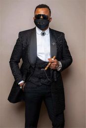 Jackets Fashion Black Jacquard Groom Long Coat Shawl Lapel Wedding Suits for Men 3 Pieces Sets Groomsmen Male Blazers Costume Hommes