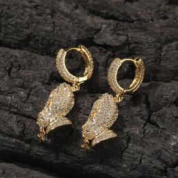 Hip Hop Pray Hands Earrings Full White Zircon Charm Cross Hoop Drop Earrings Real Gold Plated Jewelry