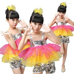 Stage Wear Children Modern Dance Costumes Sequins Jazz Clothing Set For Kids Girls Outfit Suit Cheerleader