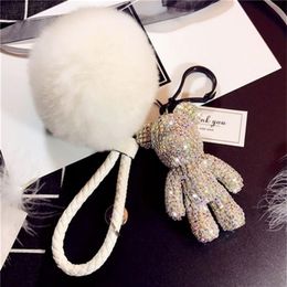 Bomgom Crystal Popobe Gloomy Bear Strass Keychain Car Key Holder Bag Charm Holder Fur Pom pom Leather Key Chain Key Ring Pendant 2285e