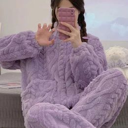 Women's Pants 2024 Flannel Solid Comfortable Pyjama Sets Winter Ins Style High Neck Zipper Long Sleeves Plush And Thickened Fluffy Pyjamas