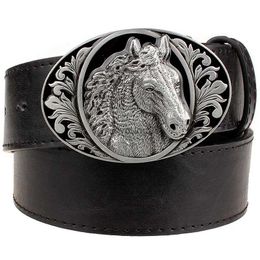 Belts Fine Horse Head Pattern Black Leather Belt Animal Cowboy Style Men's Jeans Belt Punk Rock Accessories