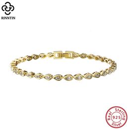 Rinntin 14K Gold Shiny Tennis Bracelet 925 Sterling Silver Pear Cut 24mm CZ Bazel Setting Luxury Wedding Jewelry SB154 240104