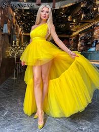 Casual Dresses High Quality Women'S Sexy One Shoulder Sleeveless Layered Ruffle Mesh Yellow Maxi Dress 2024 Elegant Celebrity Club Party