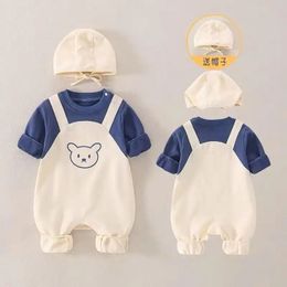 Autumn 3-18M Slips for borns Cartoon Clothes Baby Girl Boy Romper Infant Cute Bears Cotton Soft Infant Jumpsuit with Knit Cap 240104