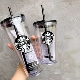 starbucks mugs 24oz 710ml plastic cups reusable doublelayer transparent coffee flat straw column cover bdian cup milk teacup BJ