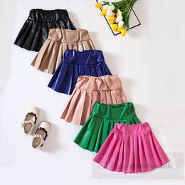 Fashion Girls PU leather pleated skirt kids high waist princess skirts 2024 Spring children all-matching clothes Z6482