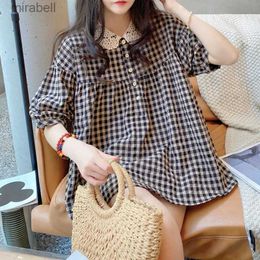 Women's Blouses Shirts Shirt Top Summer Fashion New Korean Version Plaid Cotton Linen Lace Stitching Doll Collar Blouse Women's Short Sleeves Casual YQ240104