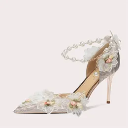 Dress Shoes Size 33-40 High Heels Women Gold Wedding 2024 Crystal Pearls Flower Ankle Strap