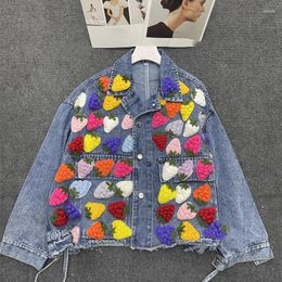 Women's Jackets Spring Fashion Loose High Quality Outerwear Design Turn Down Collar Autumn Embroidered Fruit Long Sleeved Women Denim