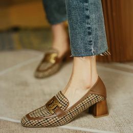 Women Loafers Square Toe Chunky Heel Shoes for Spring Lattice Pumps Cow Leather Handmade 240103