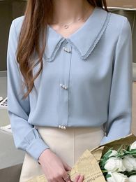 Women's Blouses Women Shirts Long Sleeve Simple Pullovers Embroidered Flares Casual Fashion Turn-down Collar Solid Classic Top Spring