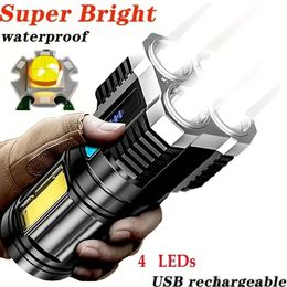 LED Flashlight, Powerful 4 LED Flashlight With COB Side Light, 4 Modes USB Rechargeable LED Torch, Waterproof Built In Battery Flashlight, Camping Tool