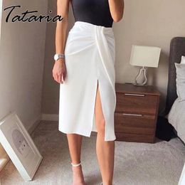 Dresses Tataria Wrap Skirt Women Summer White Pleated Fork Asymmetrical Skirt with Slit Straight Office Ladies High Waisted Pencil Skirt