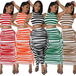 Work Dresses Women Fashion Gentle Commuter Skirt Suit Summer Striped Sleeveless O-Neck T-Shirt Same Fishtail Dress