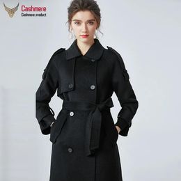 Fur Winter Women's Wool Coat Long Water Ripple Cashmere Coat Womens Autumn Loose Black Coat DoubleBreasted Laceup Fashion Coat