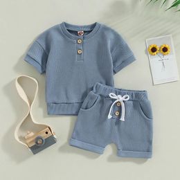 Clothing Sets Casual Summer Infant Baby Boys Clothes Outfits Set Buttons Crew Neck Short Sleeve Tops Elastic Waist Shorts Suit