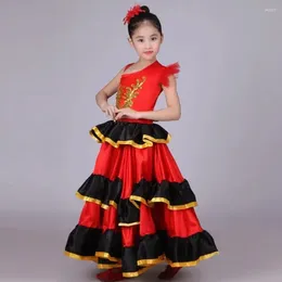 Stage Wear 2024 Kids Girls Red Belly Dance Dress Spanish Flamenco Costume Ballroom Tribal With Head Flower Opening Clothing