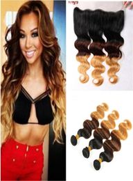 Body Wave 1b 4 27 Honey Blonde Human Hair Bundles With Lace Frontal Closure Dark Roots Hair Wefts With Lace Frontal 1347419474