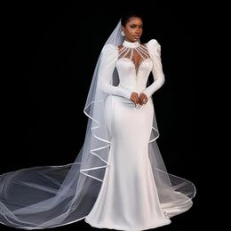 Graceful Beaded Collar Mermaid Wedding Dresses for Bride Sequins Long Sleeves Satin Bridal Dress 2024 vestidos de novia