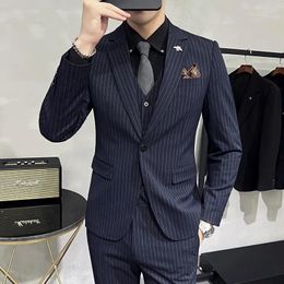 Men's Suits M-7XL Blazer Vest Pants Boutique Fashion Autumn & Winter Casual Business Striped Suit Groom Wedding Dress Party