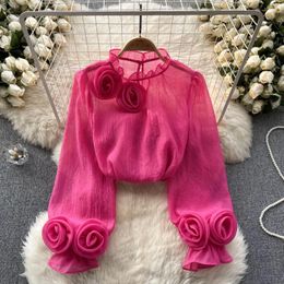 Women's Blouses Young Gee Women Shirt Three-dimensional Rose Flower Design Long Sleeve Solid Colour Perspective Chiffon Tops Blusa Mujer