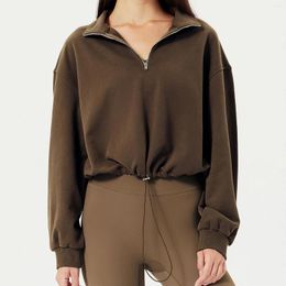 Women's Hoodies Women Sports Crop Top Solid Colour Zip Up Drawstrings Sweatshirt Outdoor Tracksuit Loose Pullovers Sudaderas Tops